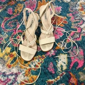 Beige leather tie-up sandals